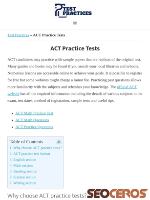 testpractices.com/act-practice-tests tablet vista previa